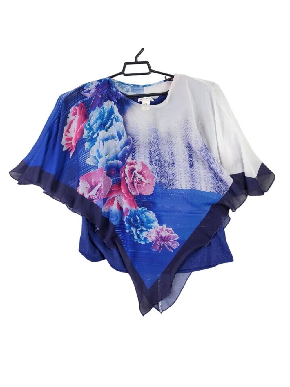 Womens Rebecca Malone Blue & Pink Cape Style Floral Blouse Attached Tank Top M